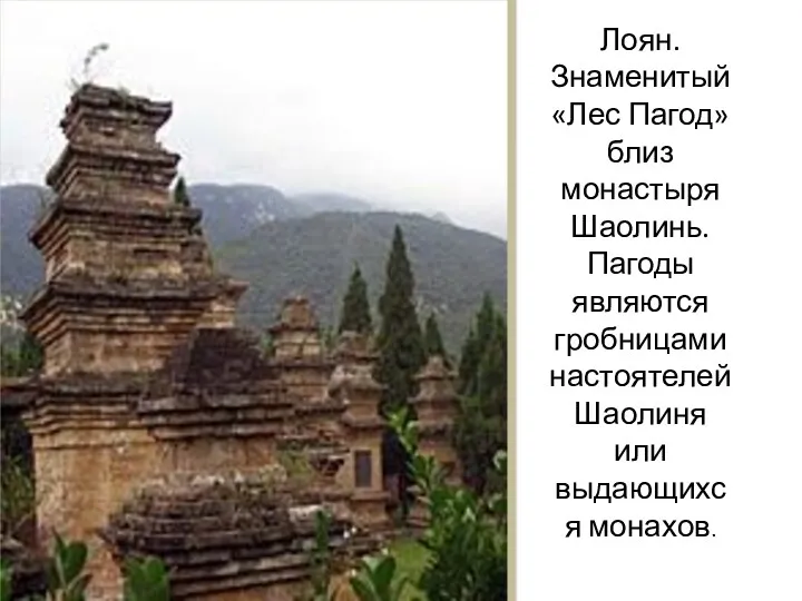 Лоян. Знаменитый «Лес Пагод» близ монастыря Шаолинь. Пагоды являются гробницами настоятелей Шаолиня или выдающихся монахов.