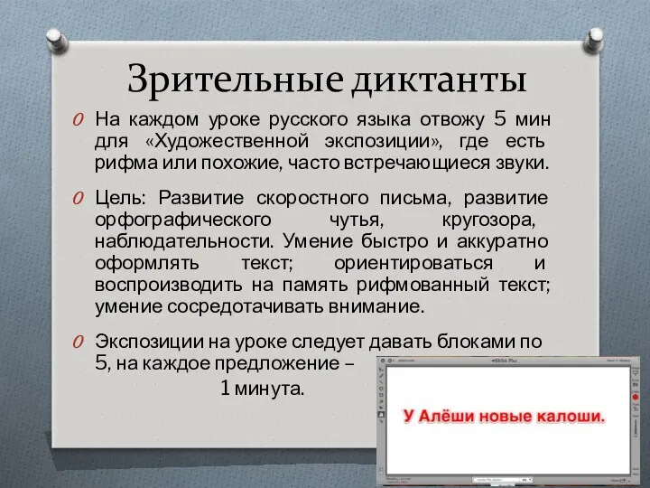 Зрительные диктанты На каждом уроке русского языка отвожу 5 мин для «Художественной экспозиции»,