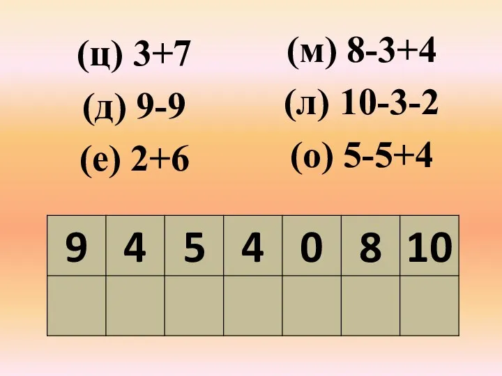 (ц) 3+7 (д) 9-9 (е) 2+6 (м) 8-3+4 (л) 10-3-2 (о) 5-5+4