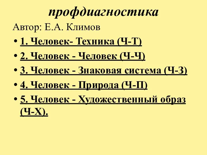 профдиагностика Автор: Е.А. Климов 1. Человек- Техника (Ч-Т) 2. Человек