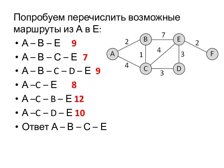 Попробуем перечислить возможные маршруты из А в Е: А – В – Е