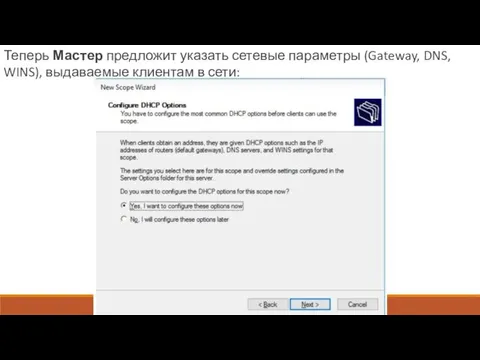 Теперь Мастер предложит указать сетевые параметры (Gateway, DNS, WINS), выдаваемые клиентам в сети: