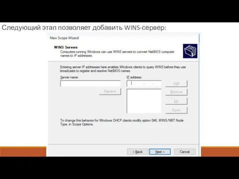 Следующий этап позволяет добавить WINS-сервер: