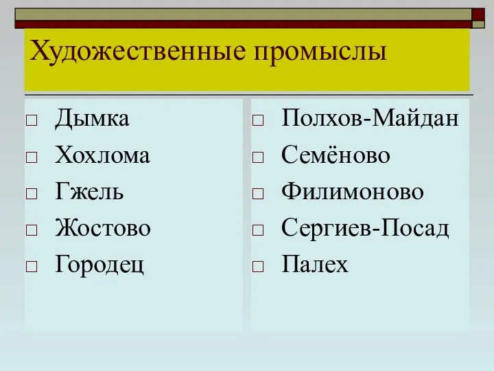 Художественные промыслы Дымка Хохлома Гжель Жостово Городец Полхов-Майдан Семёново Филимоново Сергиев-Посад Палех