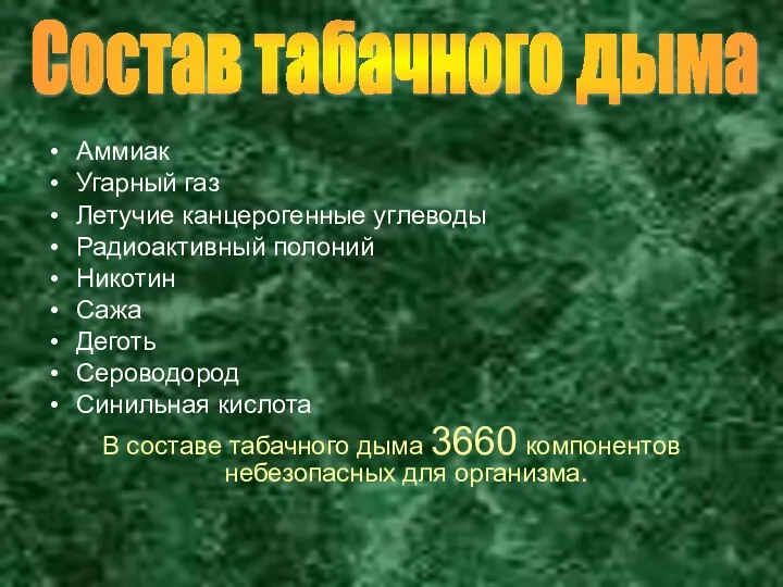 Аммиак Угарный газ Летучие канцерогенные углеводы Радиоактивный полоний Никотин Сажа