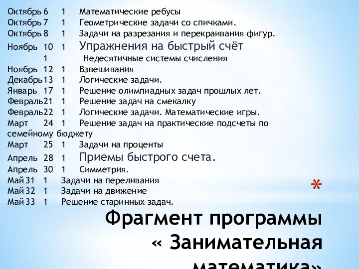 Фрагмент программы « Занимательная математика» Октябрь 6 1 Математические ребусы