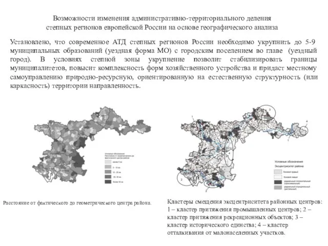 Кластеры смещения эксцентриситета районных центров: 1 – кластер притяжения промышленных