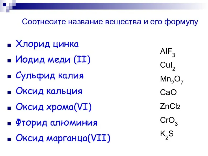 Хлорид цинка Иодид меди (II) Сульфид калия Оксид кальция Оксид хрома(VI) Фторид алюминия