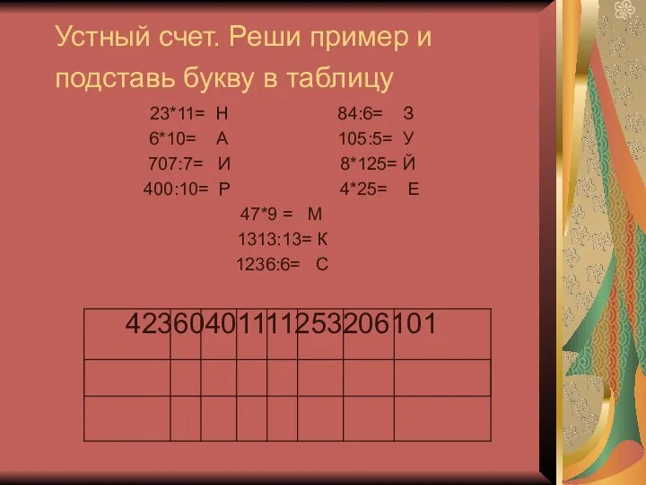 Устный счет. Реши пример и подставь букву в таблицу 23*11= Н 84:6= З