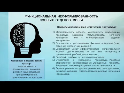 ФУНКЦИОНАЛЬНАЯ НЕСФОРМИРОВАННОСТЬ ЛОБНЫХ ОТДЕЛОВ МОЗГА Нейропсихологическая структура нарушений: Медлительность, вялость,