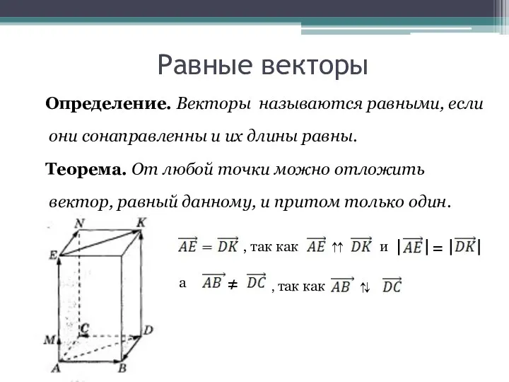 Равные векторы Определение. Векторы называются равными, если они сонаправленны и