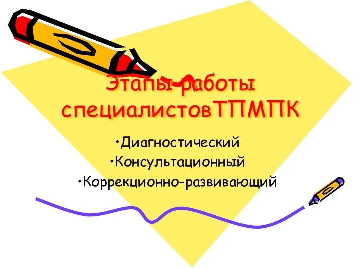 Этапы работы специалистовТПМПК Диагностический Консультационный Коррекционно-развивающий