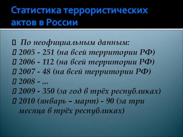 Статистика террористических актов в России По неофициальным данным: 2005 - 251 (на всей