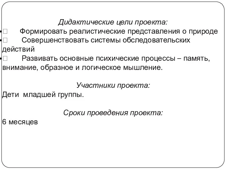 Дидактические цели проекта:  Формировать реалистические представления о природе 