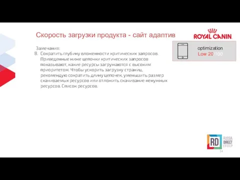 Скорость загрузки продукта - сайт адаптив Замечания: Сократить глубину вложенности