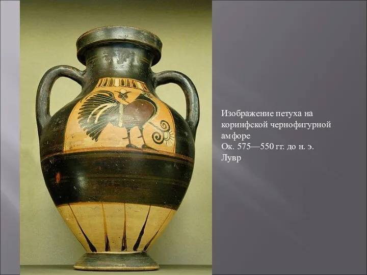 Изображение петуха на коринфской чернофигурной амфоре Ок. 575—550 гг. до н. э. Лувр