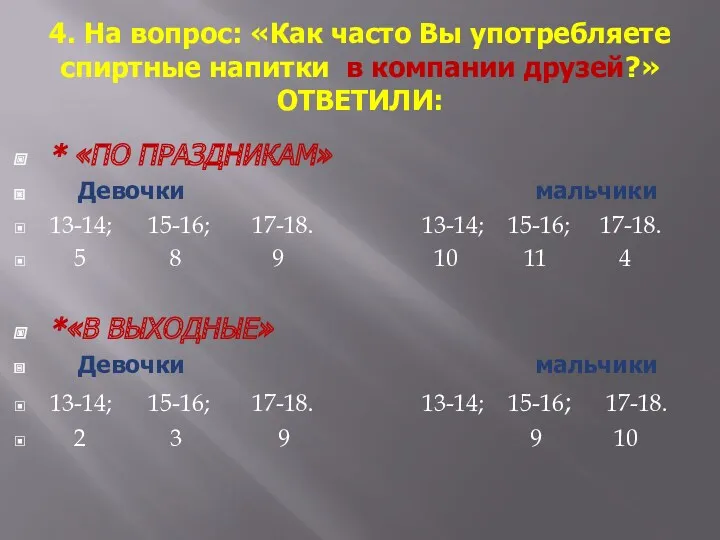 4. На вопрос: «Как часто Вы употребляете спиртные напитки в