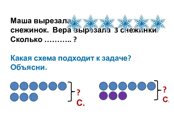 Маша вырезала снежинок. Вера вырезала 3 снежинки. Сколько ……….. ?