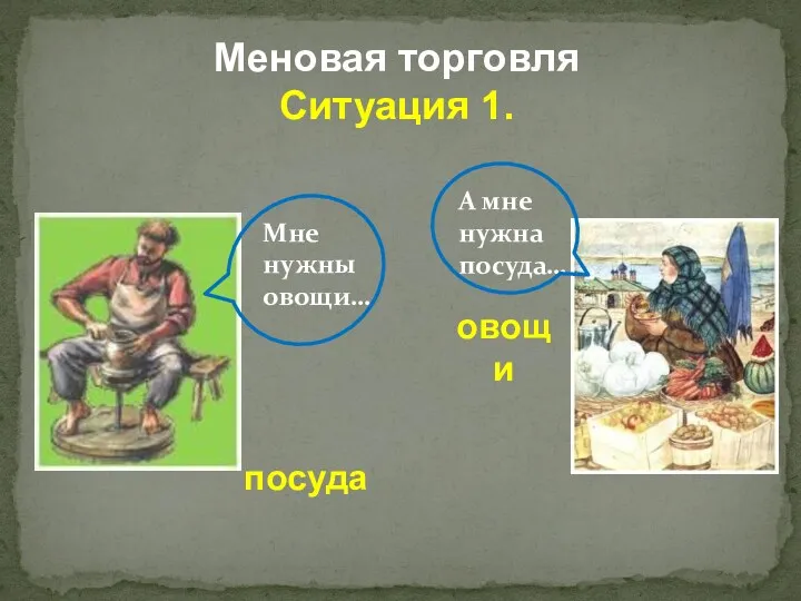 Меновая торговля Ситуация 1. посуда овощи Мне нужны овощи… А мне нужна посуда…