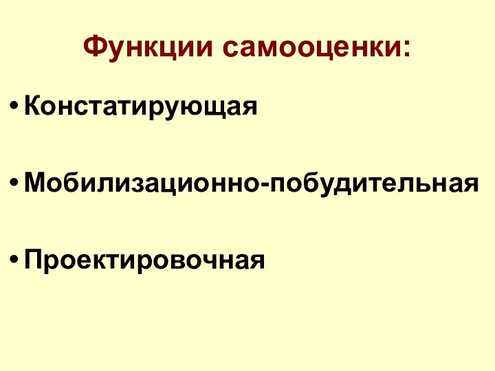 Функции самооценки: Констатирующая Мобилизационно-побудительная Проектировочная