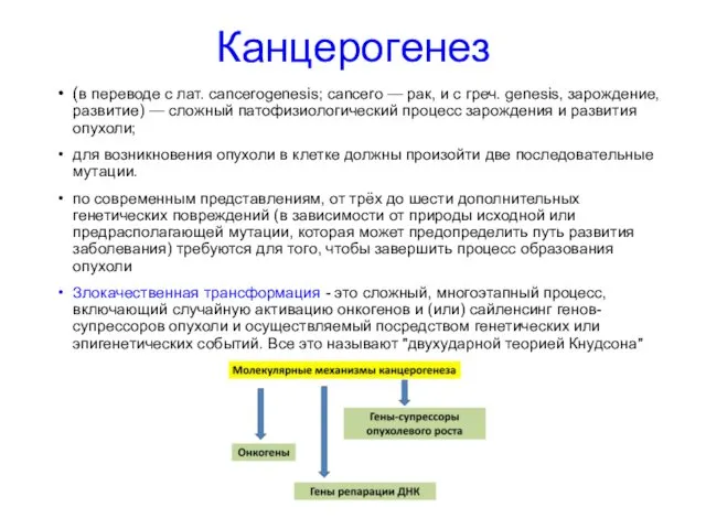 Канцерогенез (в переводе с лат. cancerogenesis; cancero — рак, и