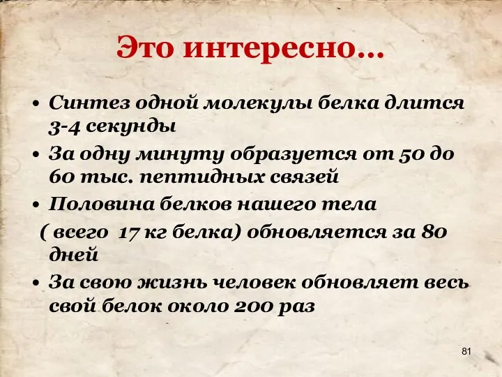 Это интересно… Синтез одной молекулы белка длится 3-4 секунды За одну минуту образуется