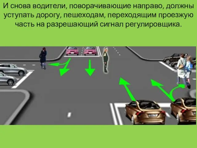 И снова водители, поворачивающие направо, должны уступать дорогу, пешеходам, переходящим проезжую часть на разрешающий сигнал регулировщика.