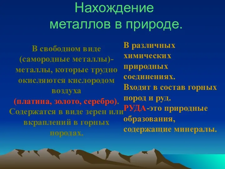 Нахождение металлов в природе. В свободном виде (самородные металлы)- металлы,