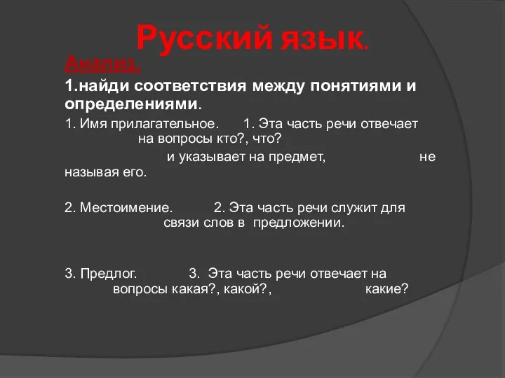 Русский язык. Анализ. 1.найди соответствия между понятиями и определениями. 1.