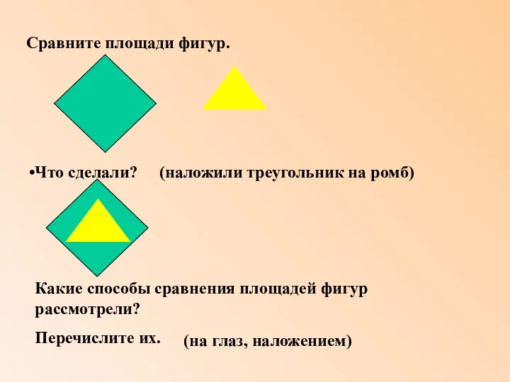 Сравните площади фигур. Что сделали? Какие способы сравнения площадей фигур