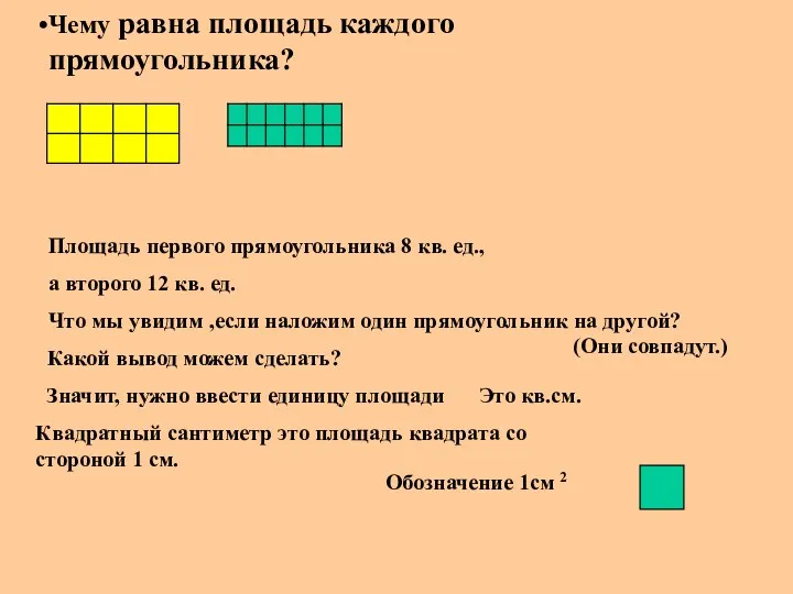 Чему равна площадь каждого прямоугольника? Площадь первого прямоугольника 8 кв.