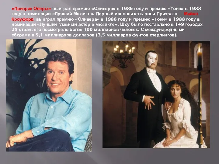 «Призрак Оперы» выиграл премию «Оливера» в 1986 году и премию