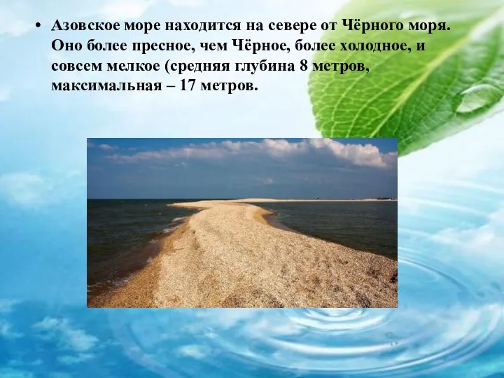Азовское море находится на севере от Чёрного моря. Оно более