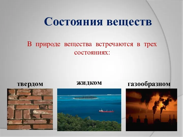 В природе вещества встречаются в трех состояниях: твердом жидком газообразном Состояния веществ