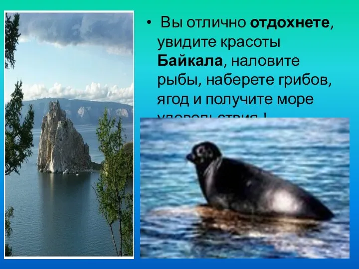 Вы отлично отдохнете, увидите красоты Байкала, наловите рыбы, наберете грибов, ягод и получите море удовольствия !