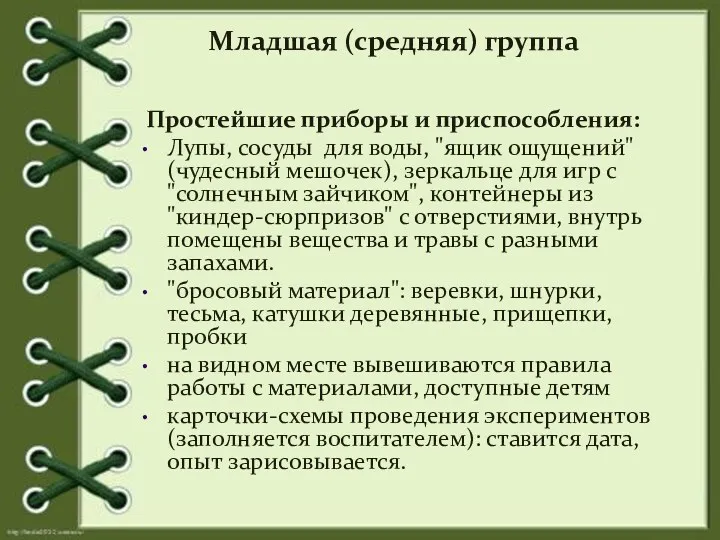 Младшая (средняя) группа Простейшие приборы и приспособления: Лупы, сосуды для