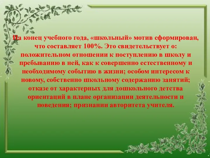 На конец учебного года, «школьный» мотив сформирован, что составляет 100%.