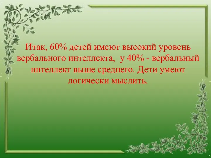 Итак, 60% детей имеют высокий уровень вербального интеллекта, у 40%