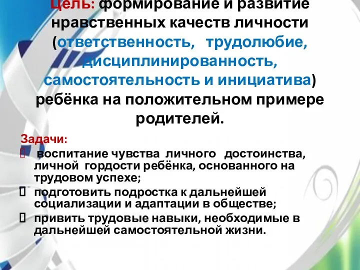 Цель: формирование и развитие нравственных качеств личности (ответственность, трудолюбие, дисциплинированность, самостоятельность и инициатива)