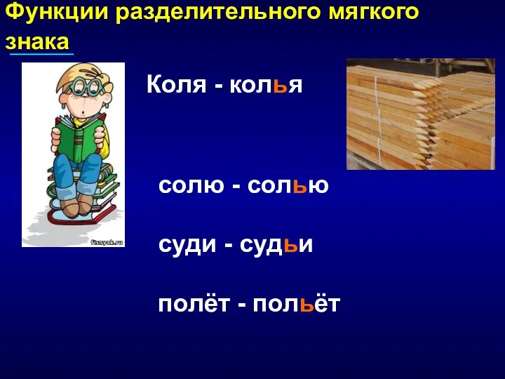 Функции разделительного мягкого знака Коля - колья солю - солью суди - судьи полёт - польёт