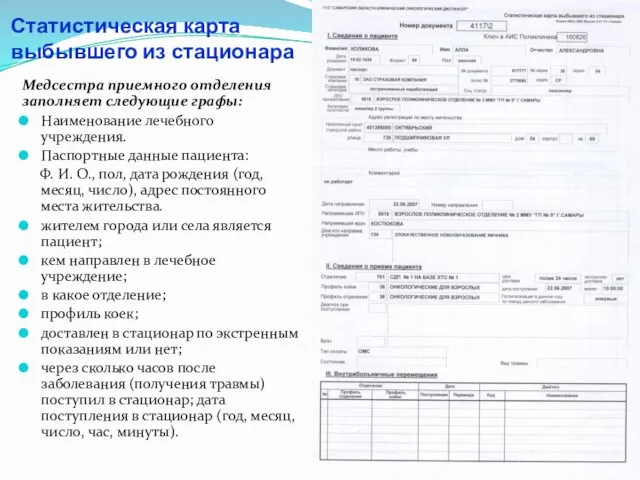 Статистическая карта выбывшего из стационара Медсестра приемного отделения заполняет следующие