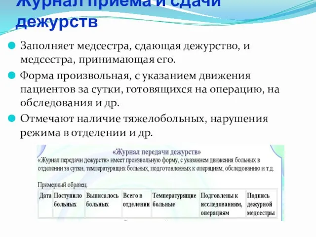 Журнал приема и сдачи дежурств Заполняет медсестра, сдающая дежурство, и