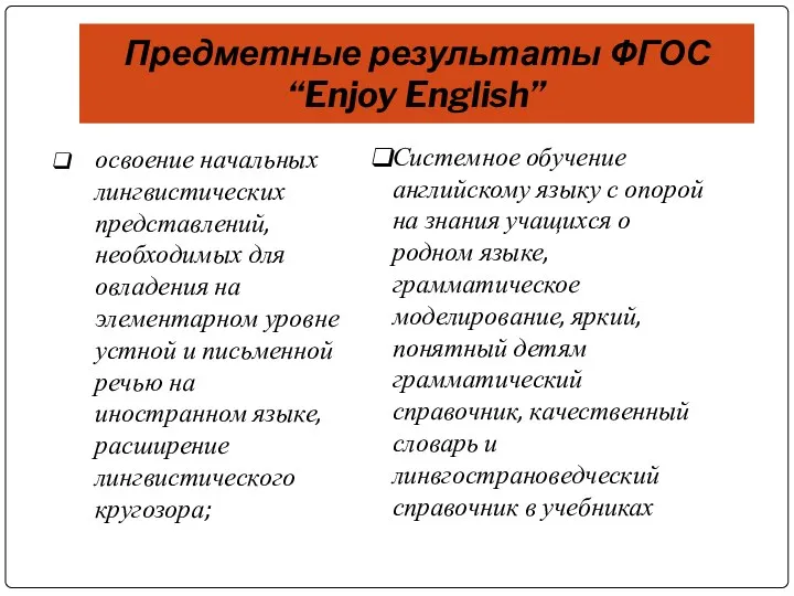 Предметные результаты ФГОС “Enjoy English” освоение начальных лингвистических представлений, необходимых