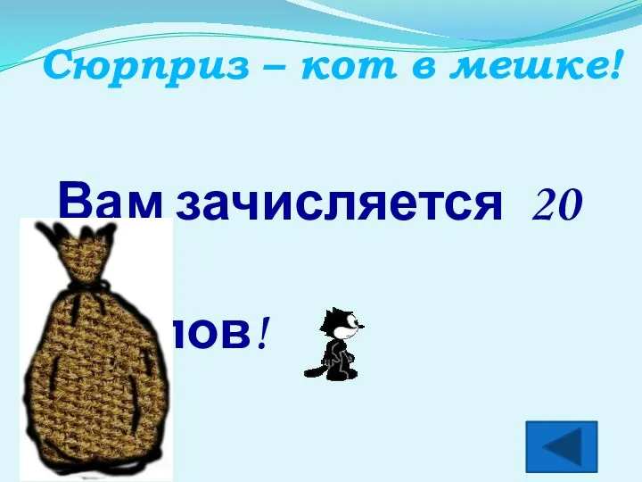 Вам зачисляется 20 баллов! Сюрприз – кот в мешке!