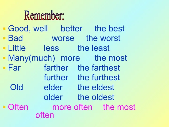 Remember: Good, well better the best Bad worse the worst