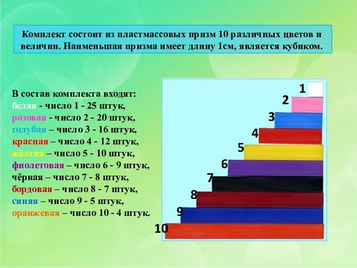 Комплект состоит из пластмассовых призм 10 различных цветов и величин. Наименьшая призма имеет