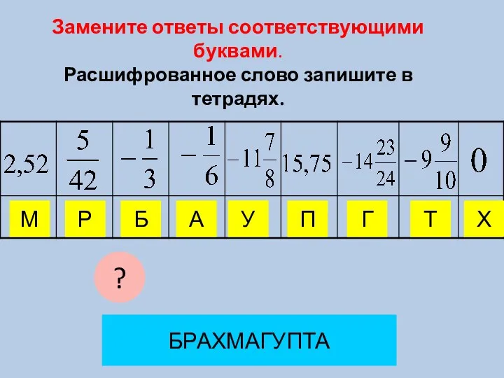 Замените ответы соответствующими буквами. Расшифрованное слово запишите в тетрадях. У