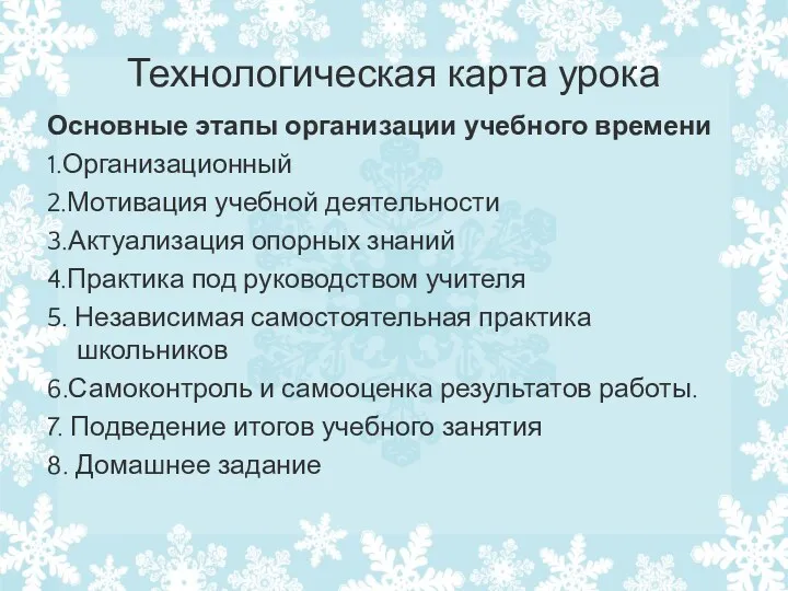 Технологическая карта урока Основные этапы организации учебного времени 1.Организационный 2.Мотивация