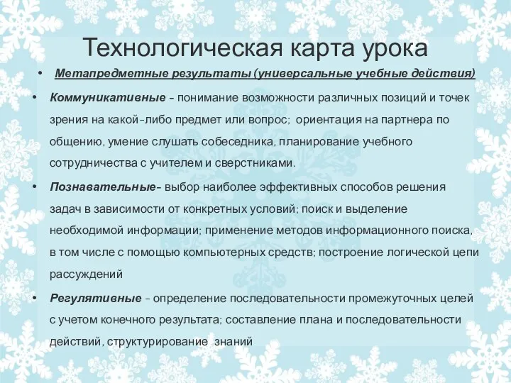 Технологическая карта урока Метапредметные результаты (универсальные учебные действия) Коммуникативные -