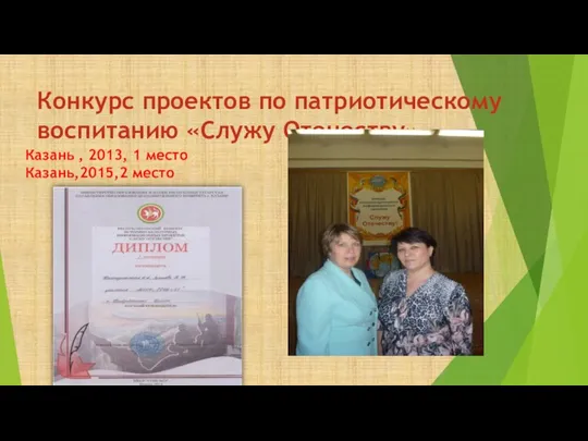 Конкурс проектов по патриотическому воспитанию «Служу Отечеству» Казань , 2013, 1 место Казань,2015,2 место